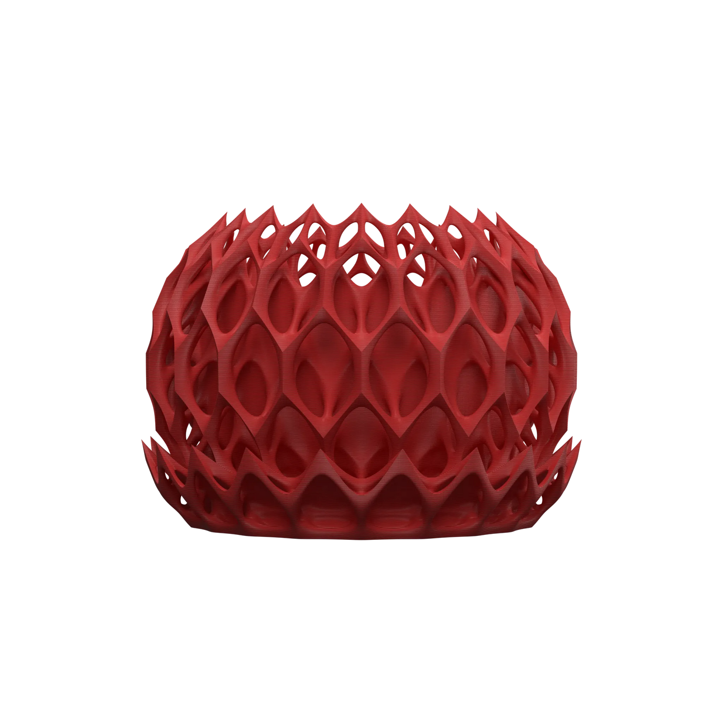 Pot décoratif rouge vif en plastique au design géométrique ajouré évoquant une structure moléculaire moderne.