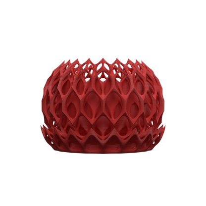 Pot décoratif rouge vif en plastique au design géométrique ajouré évoquant une structure moléculaire moderne.