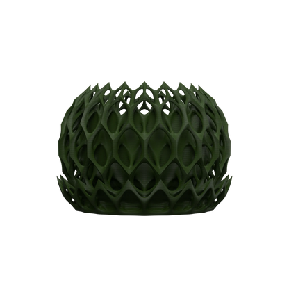 Pot décoratif vert foncé en plastique avec structure ajourée en forme de motifs géométriques organiques, style moderne et.