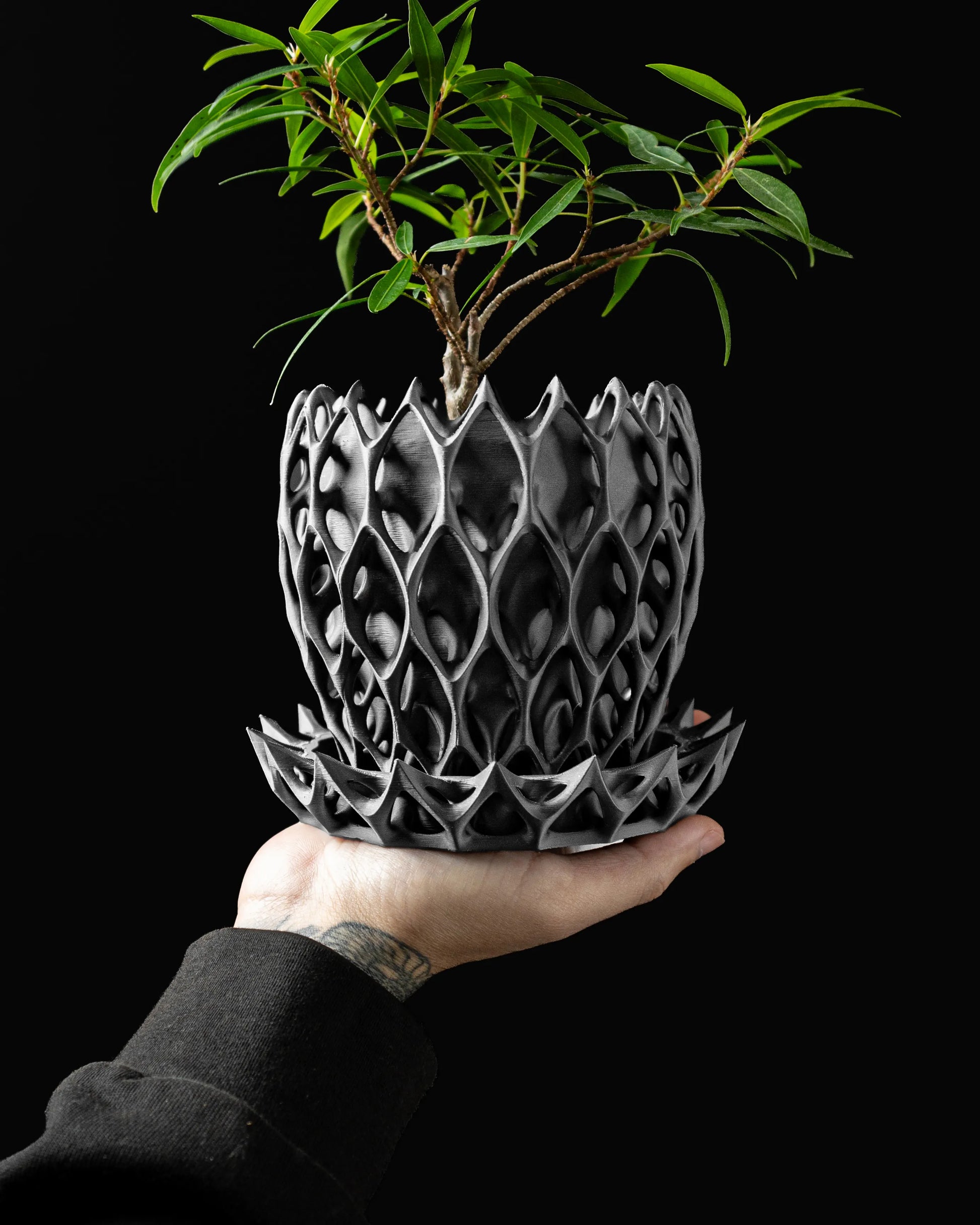 Pot décoratif Invader anthracite en matériau durable avec design contemporain texturé, socle assorti.