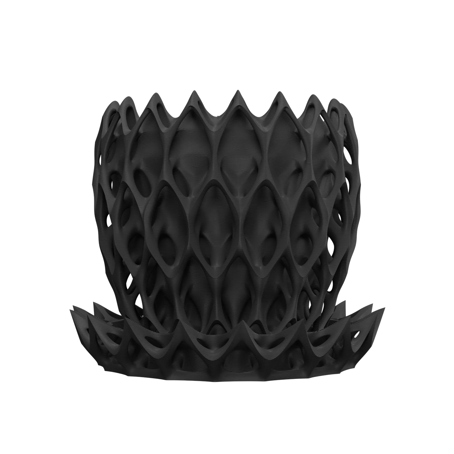 Pot décoratif anthracite en matière durable avec design contemporain et motifs géométriques ajourés.