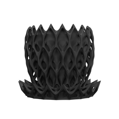 Pot décoratif anthracite en matière durable avec design contemporain et motifs géométriques ajourés.