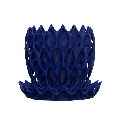 Pot décoratif bleu au design contemporain, structure durable en plastique ajouré, forme ronde avec motifs géométriques en.