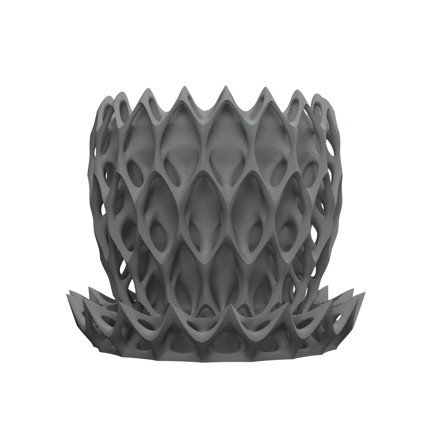 Pot décoratif gris anthracite au design contemporain en matériau durable avec motifs ajourés géométriques.