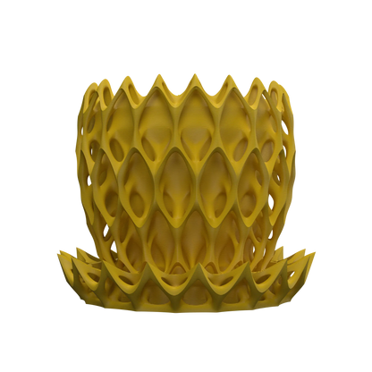 Pot décoratif jaune moutarde en plastique durable, design contemporain avec motifs ajourés en relief.