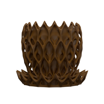 Pot décoratif marron en matière durable avec design contemporain en relief ajouré et ondulé.