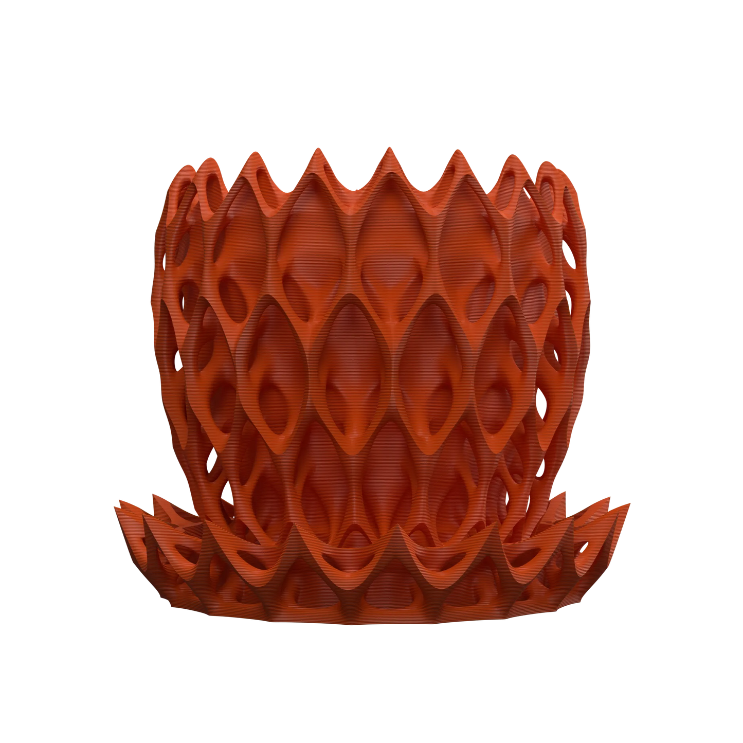 Pot décoratif orange en matériau durable avec design contemporain en forme ondulée et motifs ajourés.