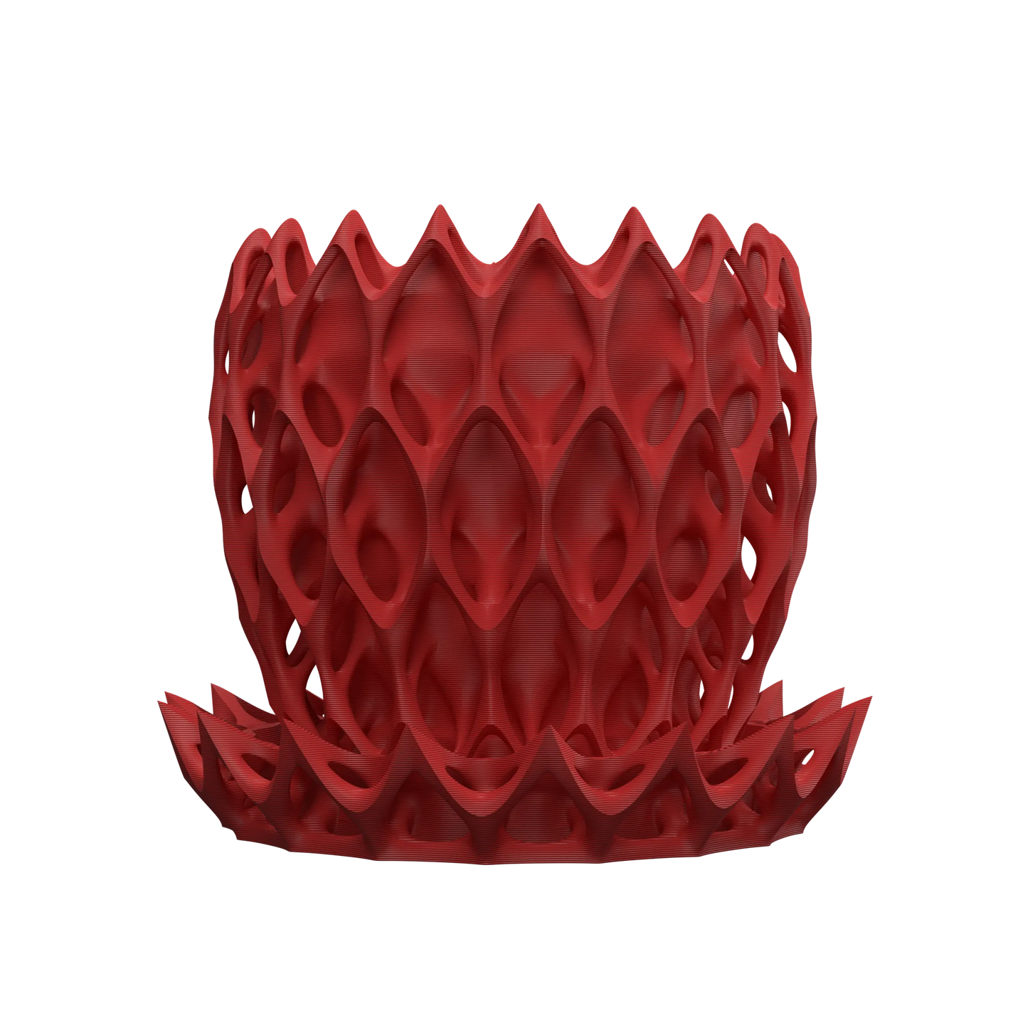 Pot décoratif rouge en matériau durable avec design contemporain ajouré et socle assorti.