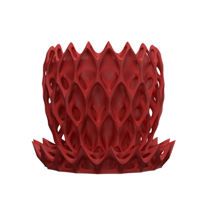 Pot décoratif rouge en matériau durable avec design contemporain ajouré et socle assorti.