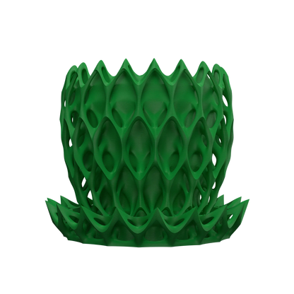 Pot décoratif vert forêt en matériau durable avec design contemporain et structure ajourée en forme organique.