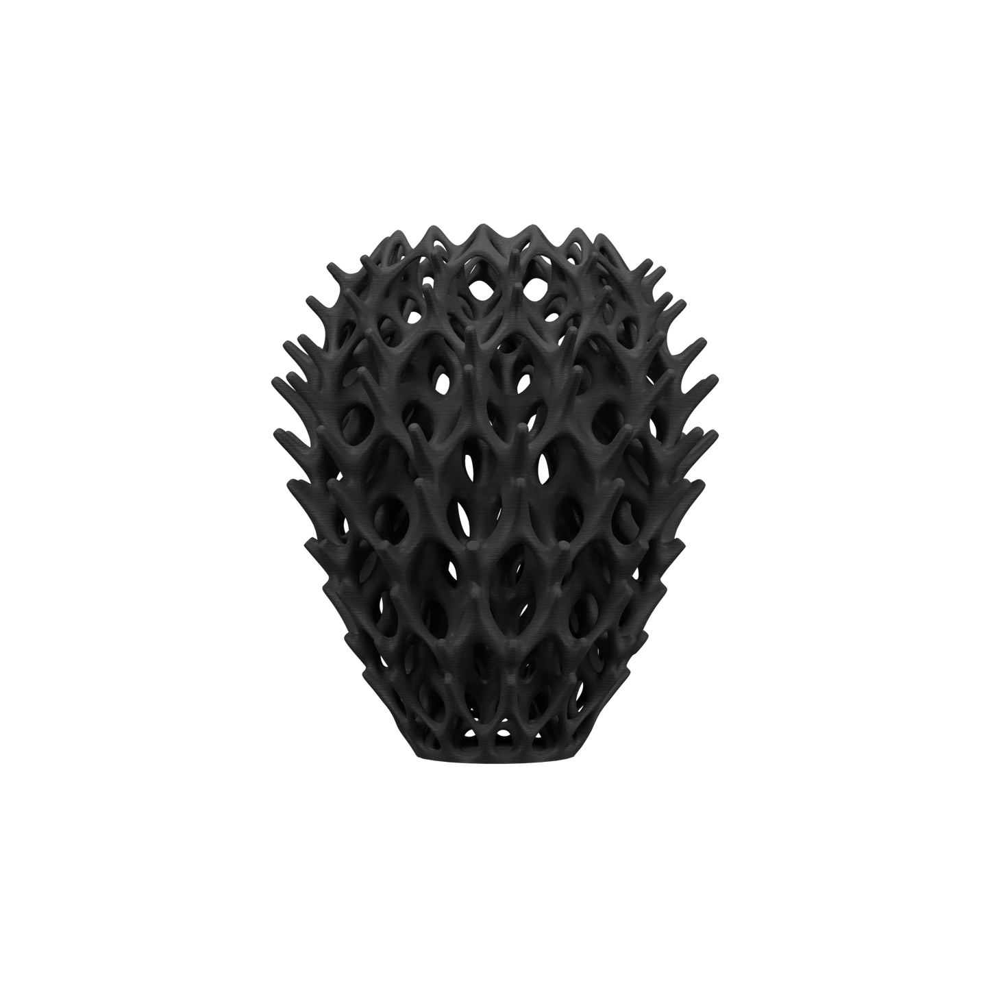 Vase noir mat en forme organique avec structure ajourée inspirée de motifs modernes et biomimétiques.