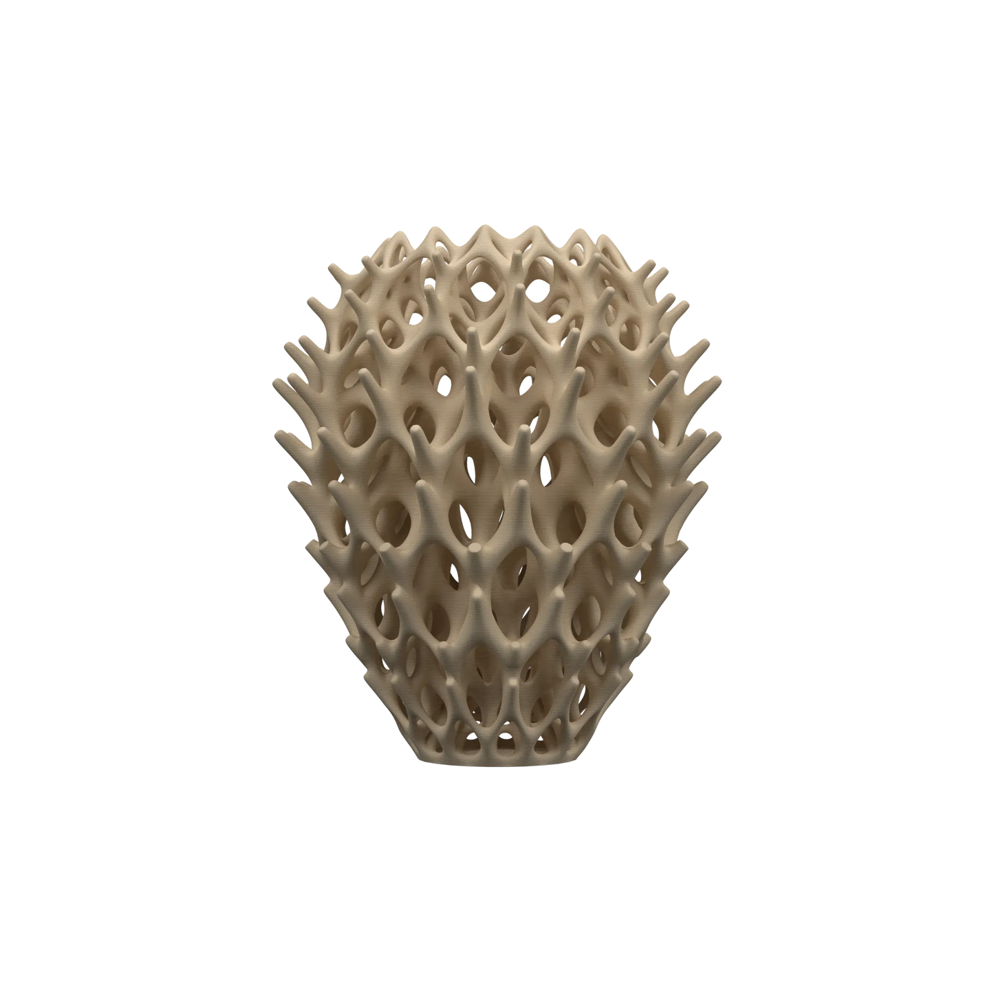 Vase beige aux formes organiques ouvertes et ondulées, structure complexe et texturée, style moderne et sculptural.