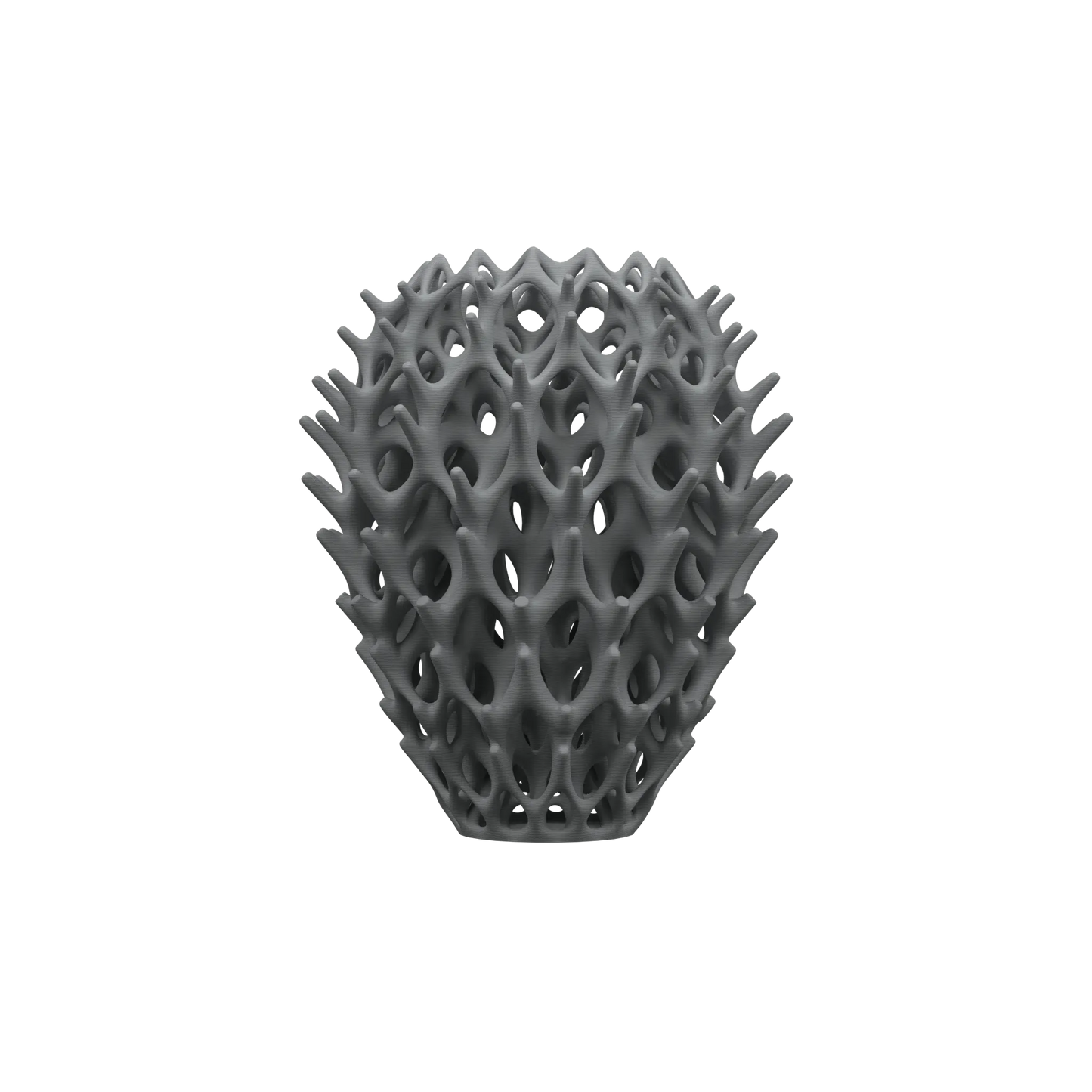 Vase gris foncé mat en forme de bulbe avec structure ajourée organique inspirée de motifs naturels et modernes.