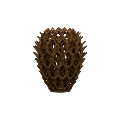 Vase marron foncé à structure alvéolée organique et design moderne évoquant un motif végétal abstrait.