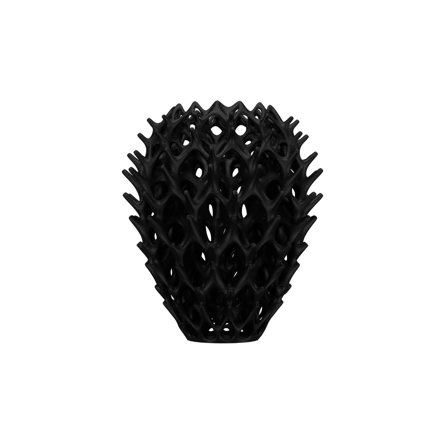 Vase noir mat en forme ovoïde avec motif géométrique ajouré moderne, style machine industrielle.