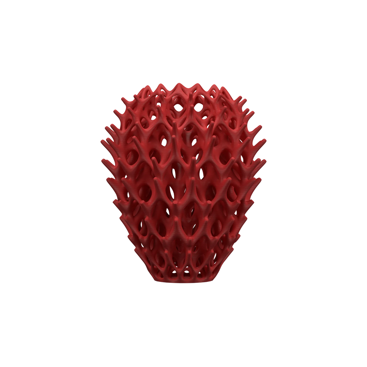 Vase rouge au design organique moderne avec motifs tubulaires ajourés et forme arrondie évoquant une graine ou un bourgeon.