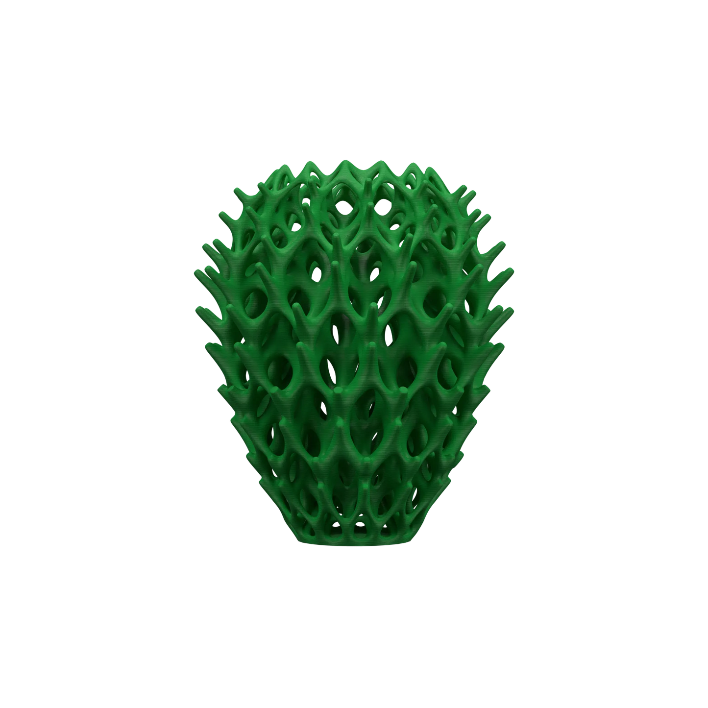 Vase vert en résine à structure organique creuse en forme de capsule, design moderne et sculptural.