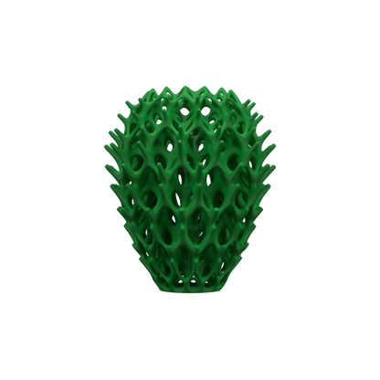 Vase vert en résine à structure organique creuse en forme de capsule, design moderne et sculptural.