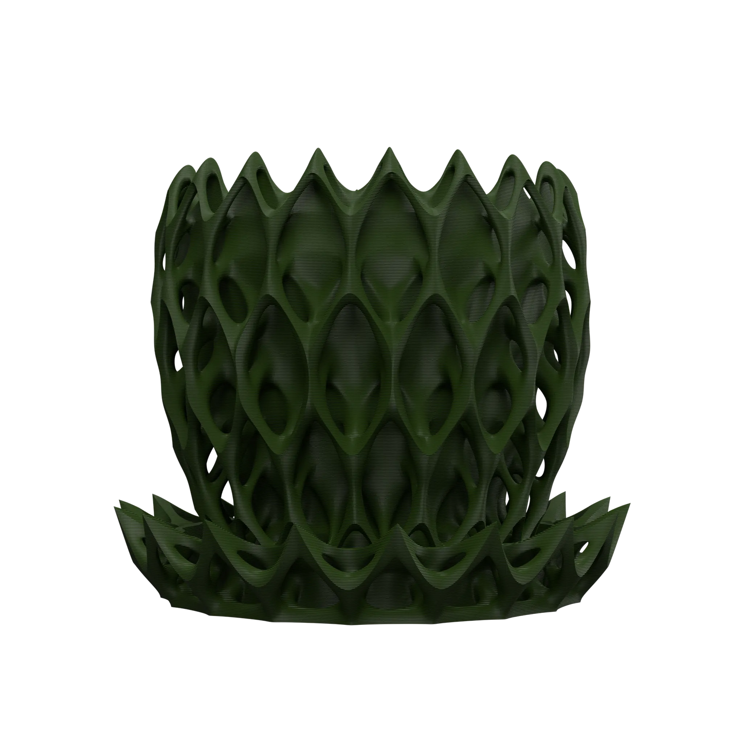 Pot décoratif Invader vert forêt au design contemporain en matériau durable avec structure ajourée géométrique.