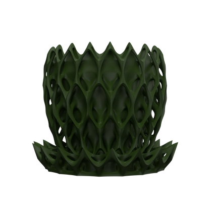 Pot décoratif Invader vert forêt au design contemporain en matériau durable avec structure ajourée géométrique.