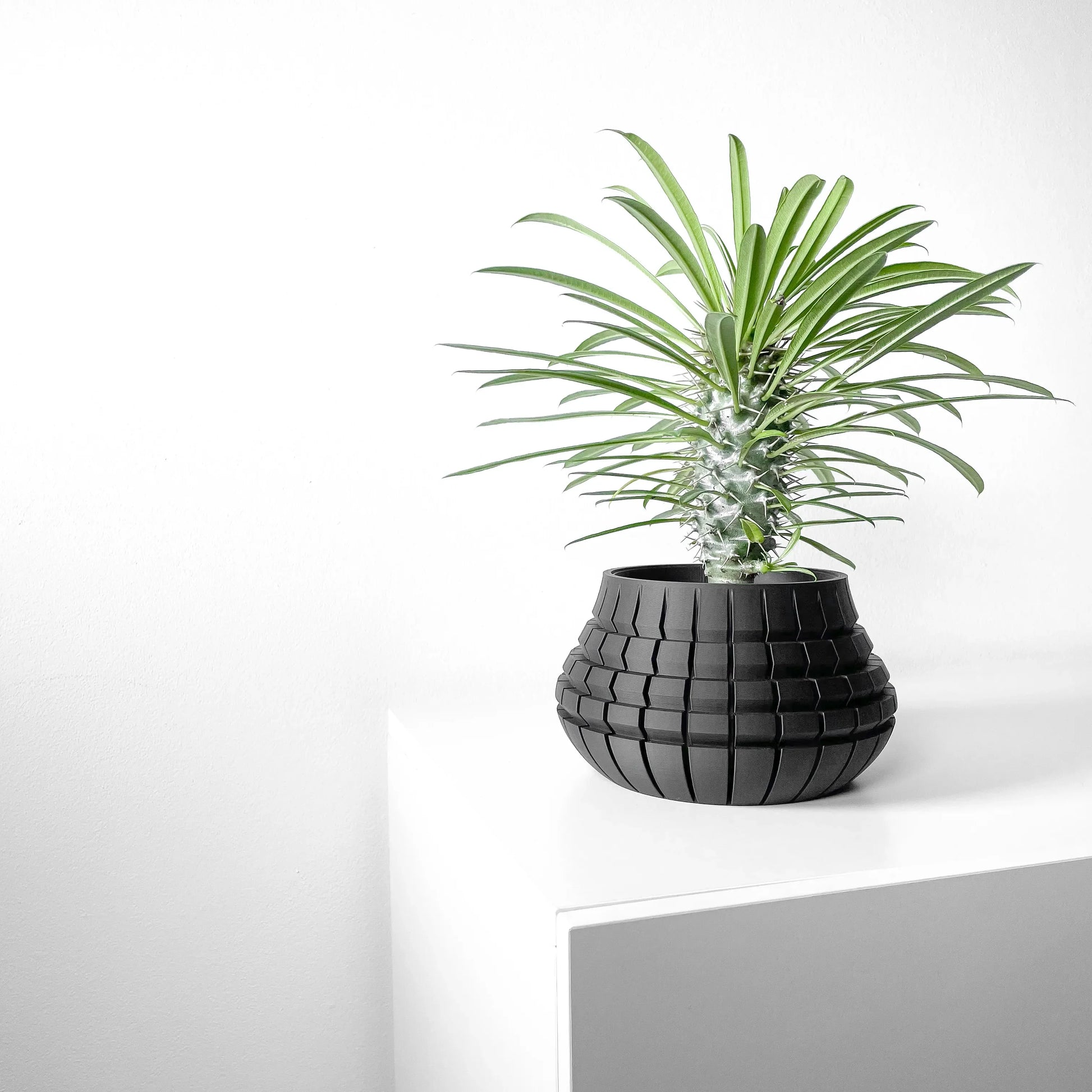 Pot décoratif anthracite en matériau durable, design contemporain avec texture quadrillée, plante verte dessus.