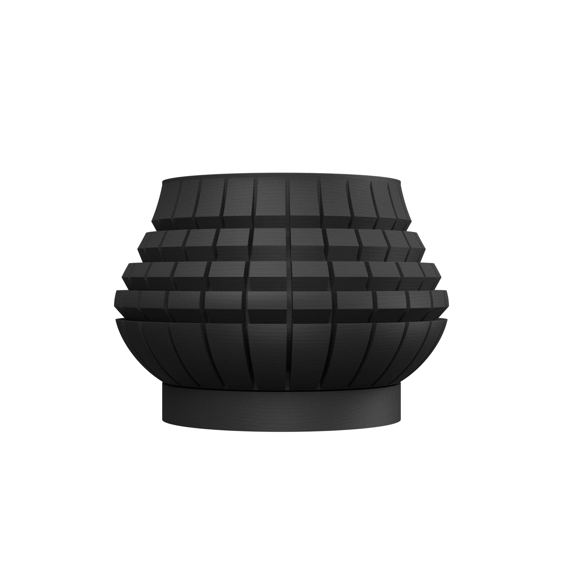 Pot décoratif noir mat avec surface en relief géométrique carrée, forme arrondie et base plate.