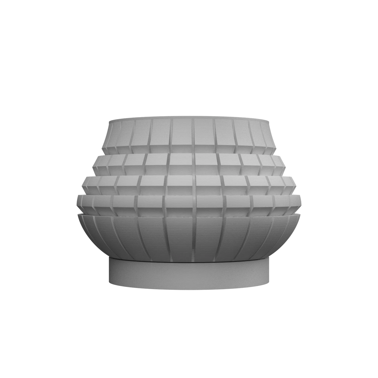 Pot décoratif moderne gris clair avec texture géométrique en relief et forme arrondie évasée sur socle circulaire.