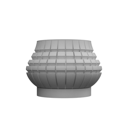 Pot décoratif moderne gris clair avec texture géométrique en relief et forme arrondie évasée sur socle circulaire.