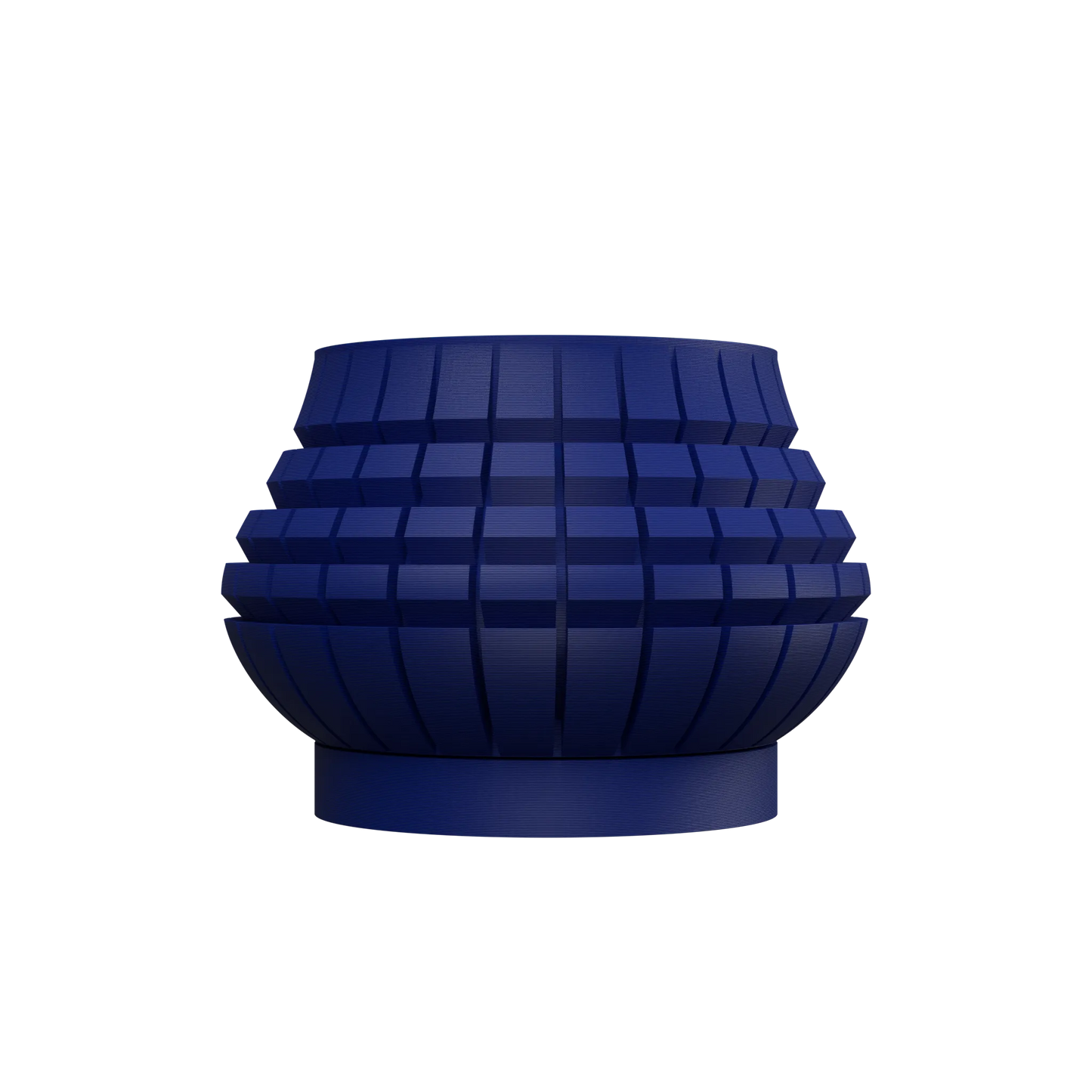Pot décoratif bleu marine mat avec texture géométrique en relief, forme arrondie et base légèrement resserrée.