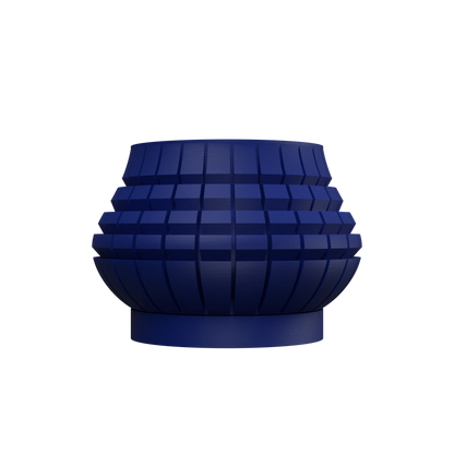 Pot décoratif bleu marine mat avec texture géométrique en relief, forme arrondie et base légèrement resserrée.