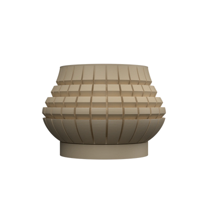 Pot décoratif beige moderne en matériau uni avec motif quadrillé en relief sur toute la surface, forme large et arrondie,.