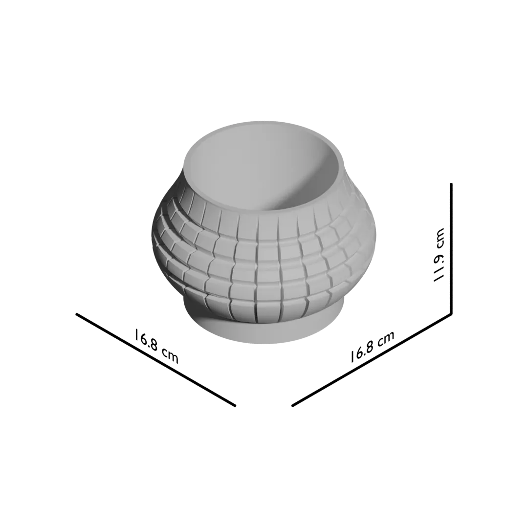 Pot décoratif moderne gris clair en forme arrondie avec motifs géométriques en relief sur toute la surface.