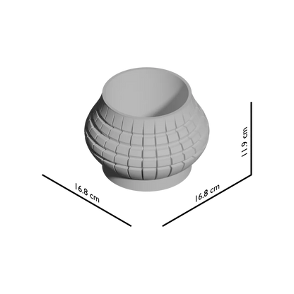 Pot décoratif moderne gris clair en forme arrondie avec motifs géométriques en relief sur toute la surface.