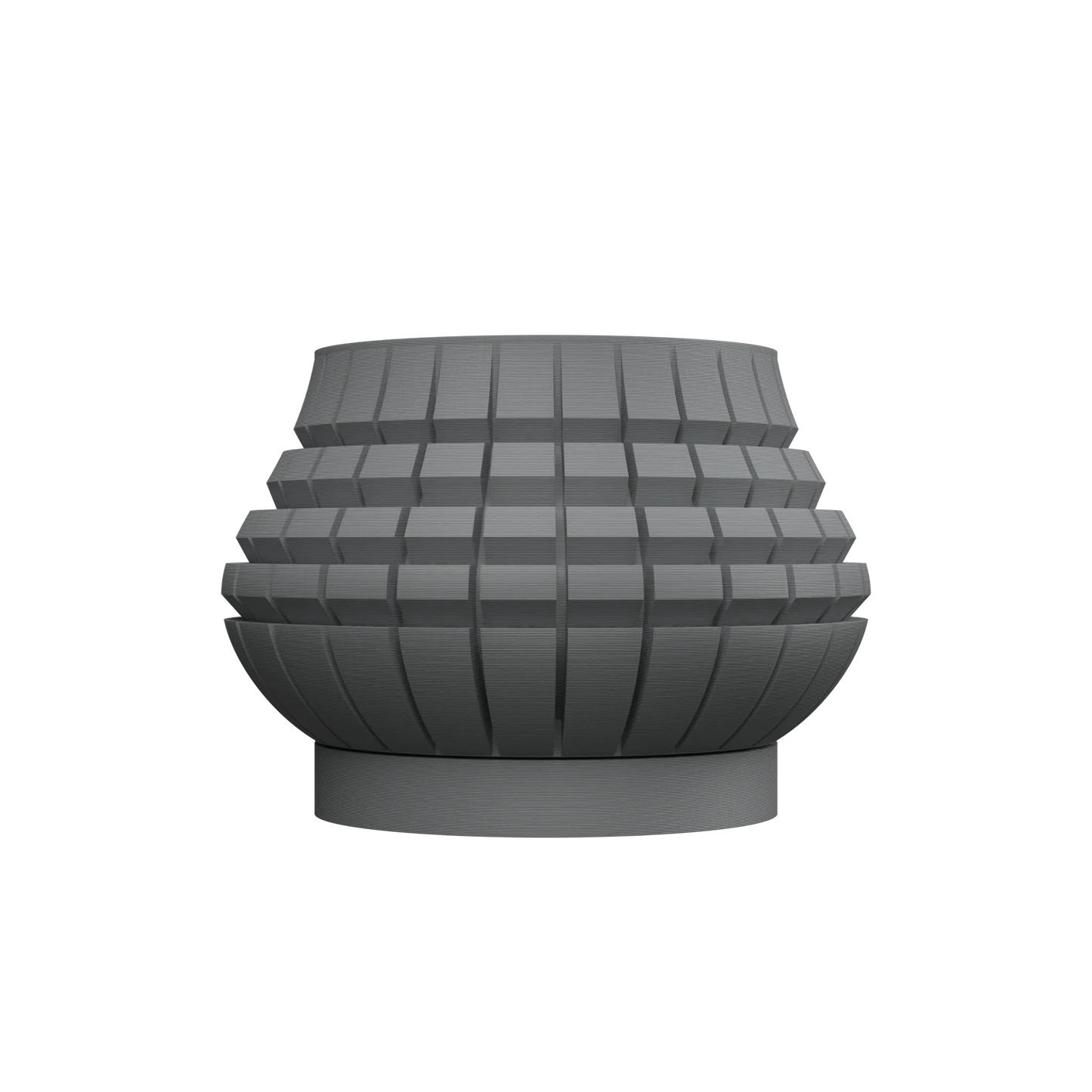 Pot décoratif moderne gris foncé avec motifs en relief géométriques carrés sur toute la surface, forme arrondie et base.