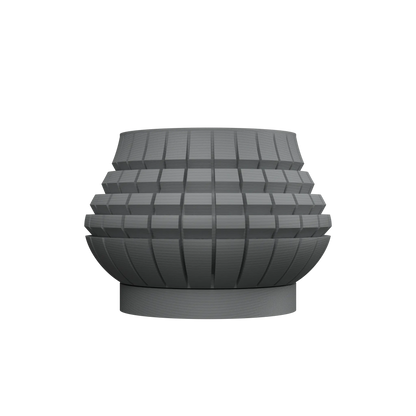 Pot décoratif moderne gris foncé avec motifs en relief géométriques carrés sur toute la surface, forme arrondie et base.