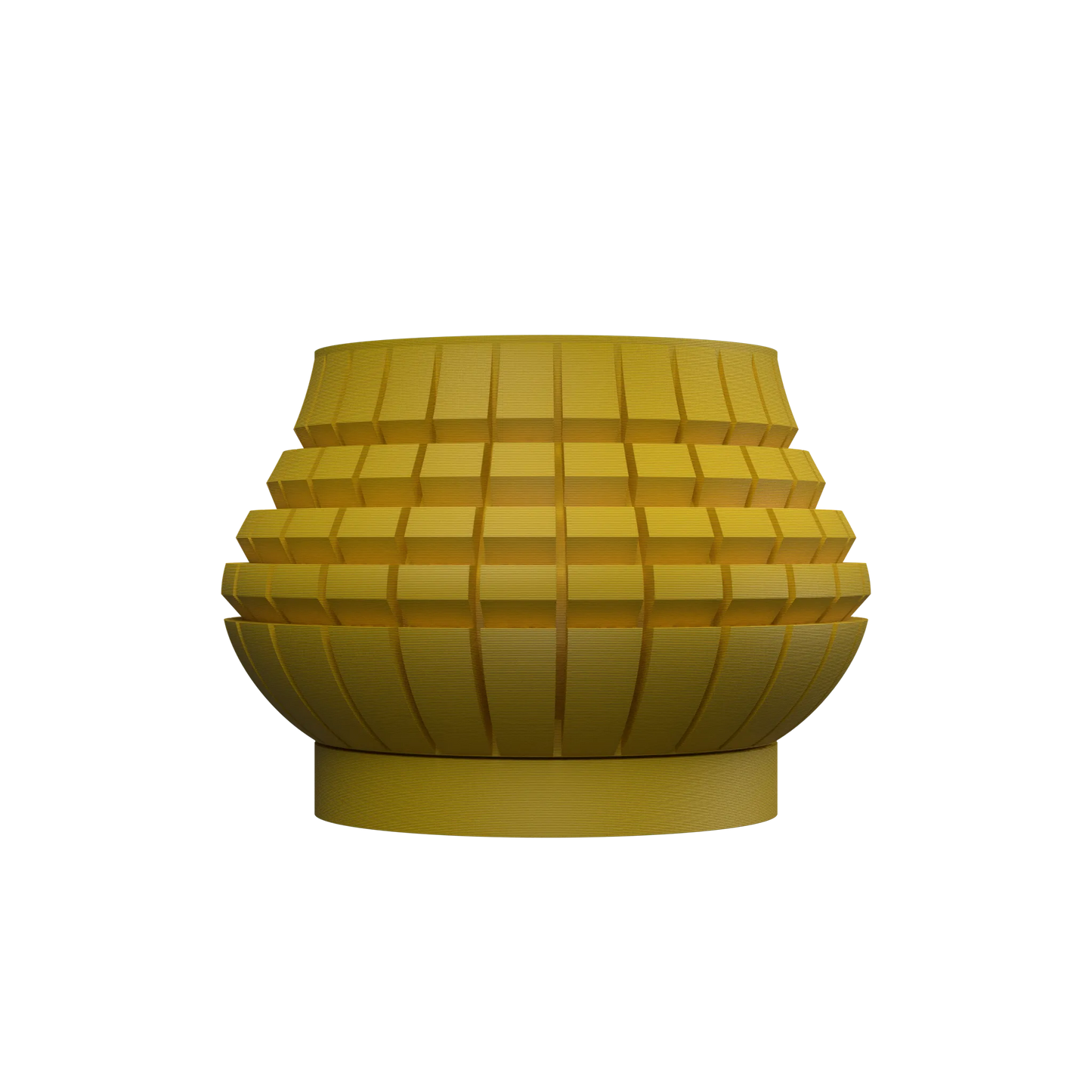 Pot décoratif Ivane en matériau jaune moutarde, forme arrondie avec motifs géométriques en relief.