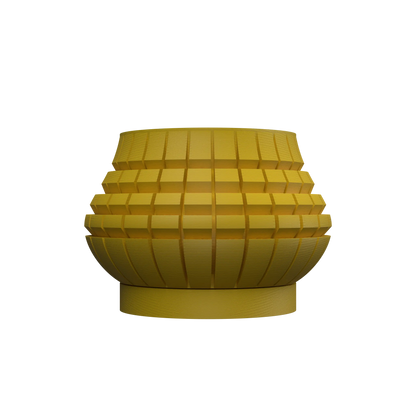Pot décoratif Ivane en matériau jaune moutarde, forme arrondie avec motifs géométriques en relief.