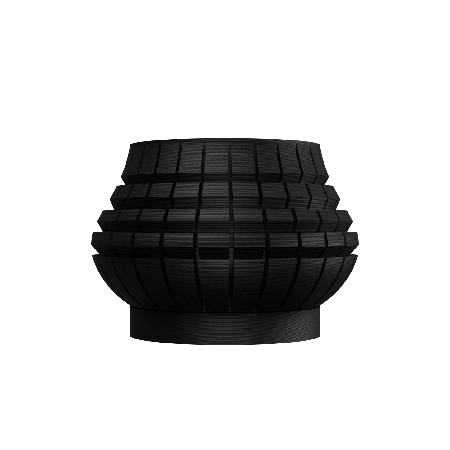 Pot décoratif noir mat avec surface texturée en damiers en relief, forme arrondie et base étroite, style moderne minimaliste.