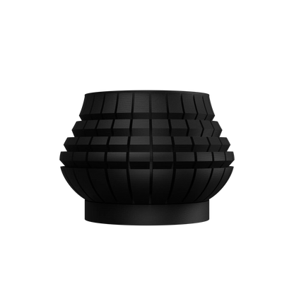 Pot décoratif noir mat avec surface texturée en damiers en relief, forme arrondie et base étroite, style moderne minimaliste.