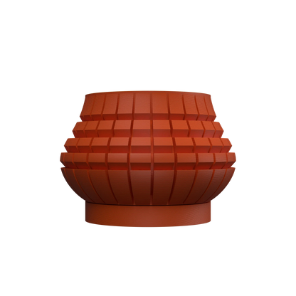 Pot décoratif moderne en terre cuite rouge, forme large avec rainures géométriques verticales et horizontales, base.