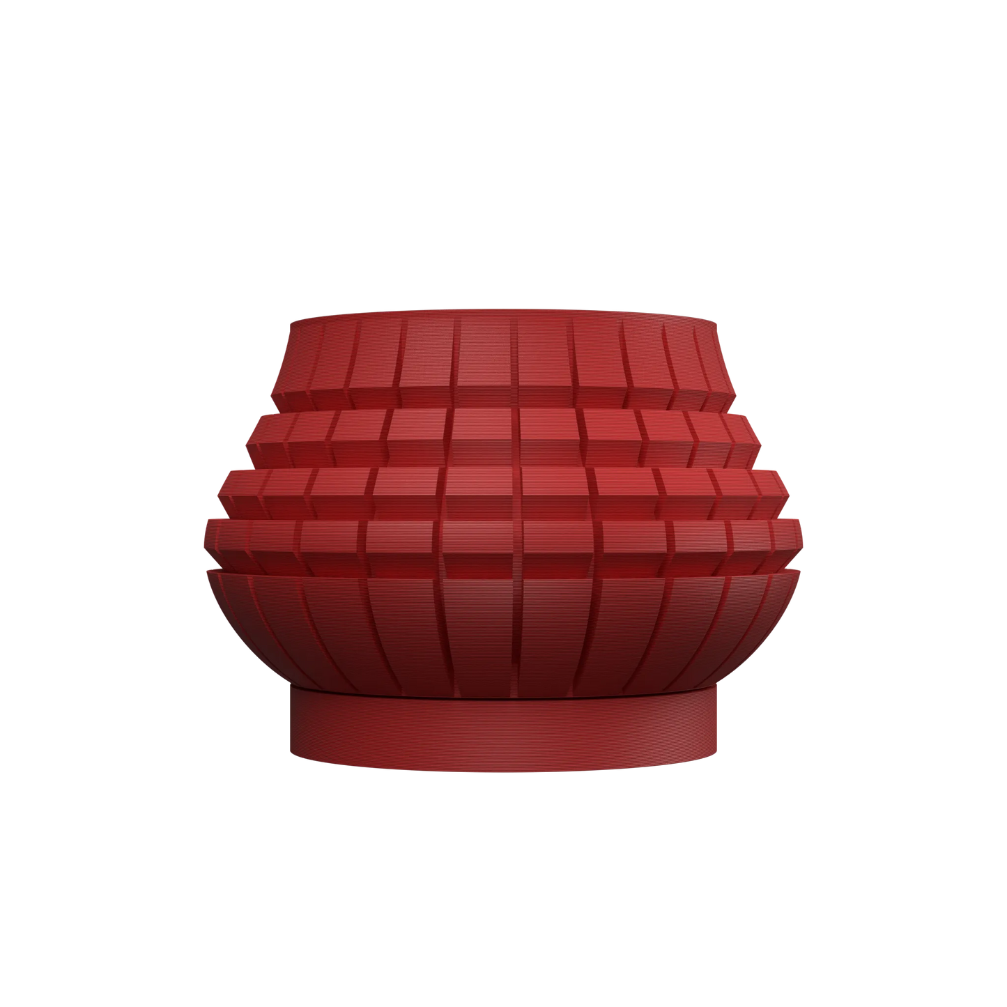Pot décoratif moderne rouge brique en plastique moulé, forme arrondie avec motifs géométriques en relief sur toute la.