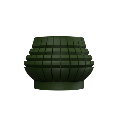 Pot décoratif vert foncé en forme arrondie avec motifs géométriques en relief et base plate.