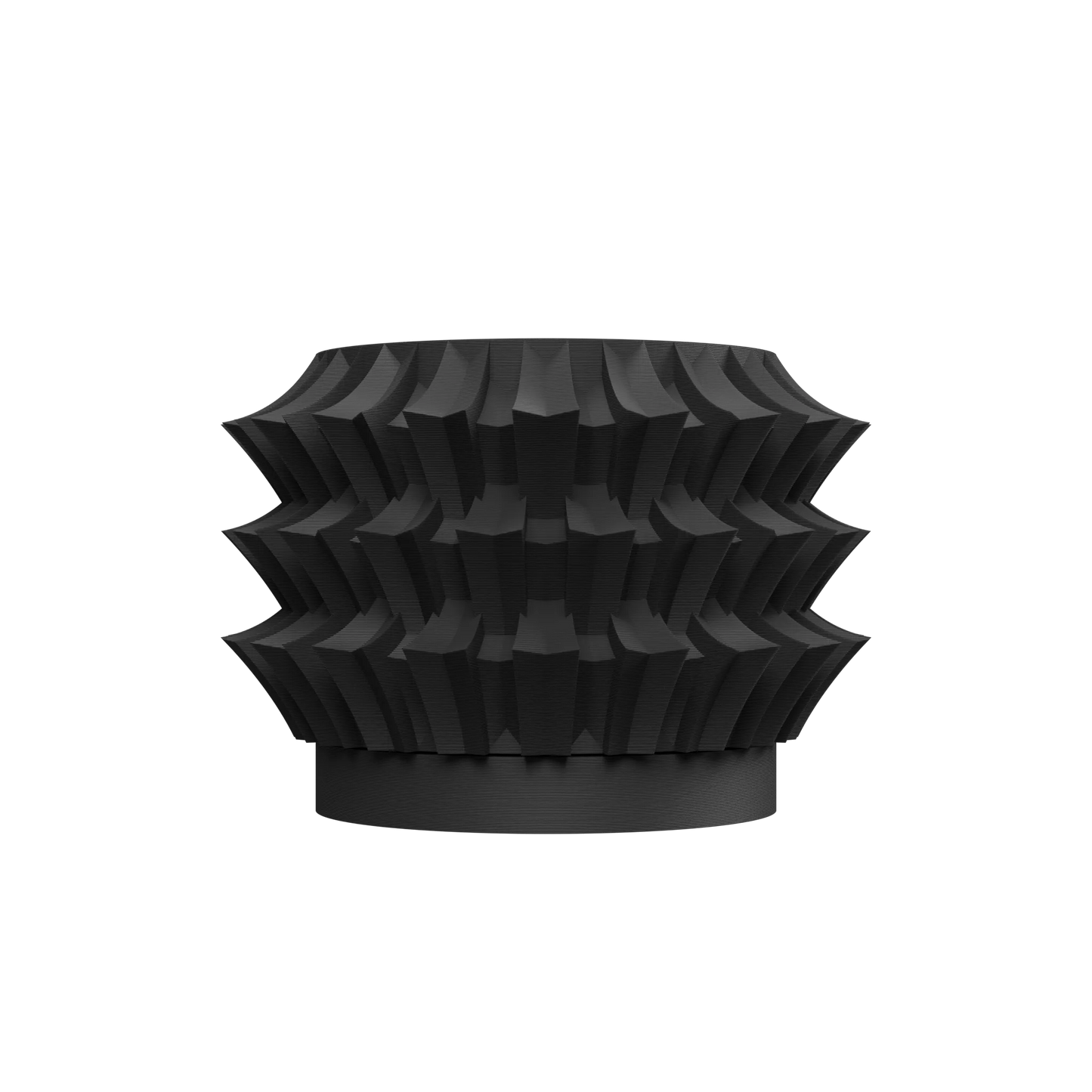 Pot décoratif noir mat à surface texturée en formes géométriques superposées, base ronde et stable, design moderne et.