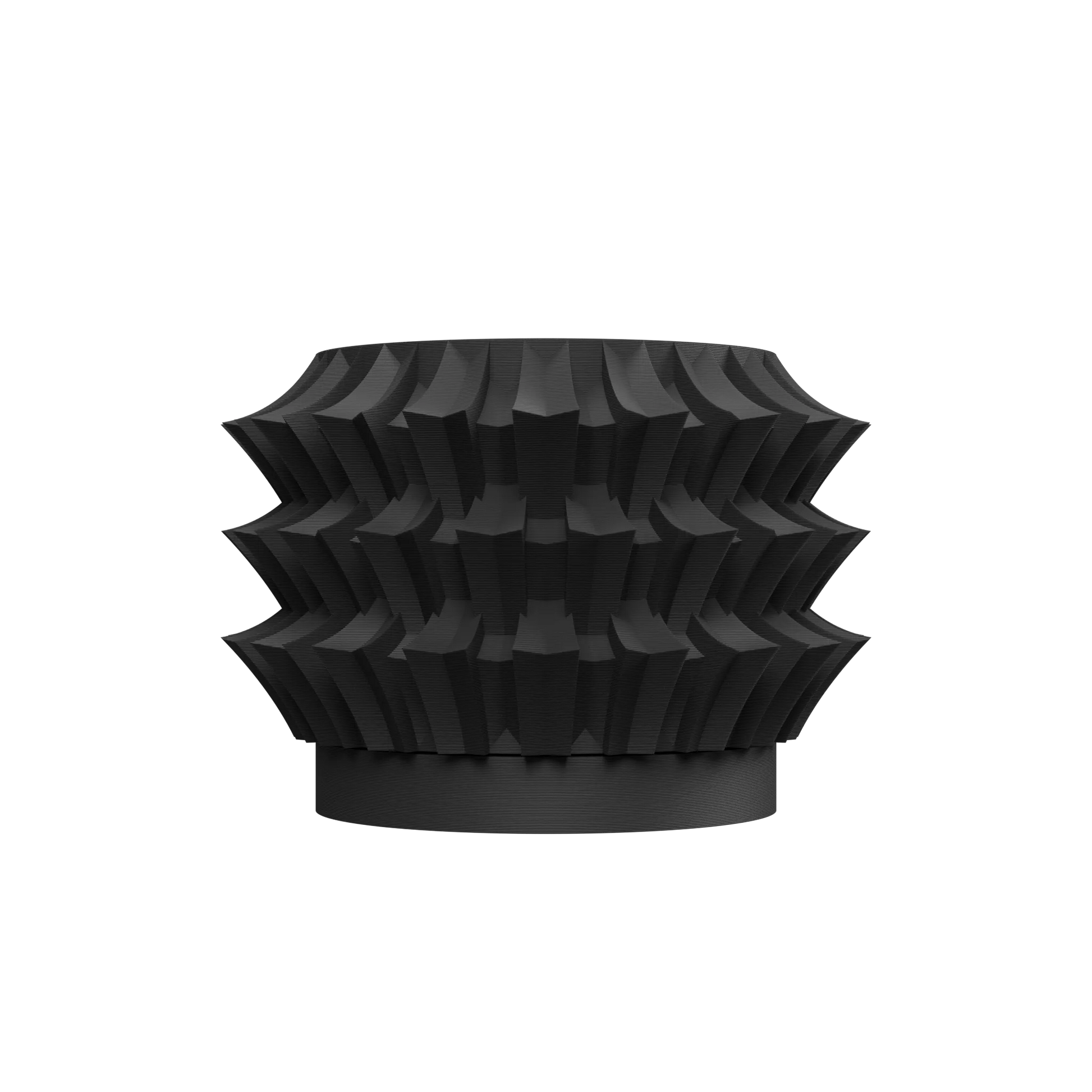 Pot décoratif noir mat à surface texturée en formes géométriques superposées, base ronde et stable, design moderne et.