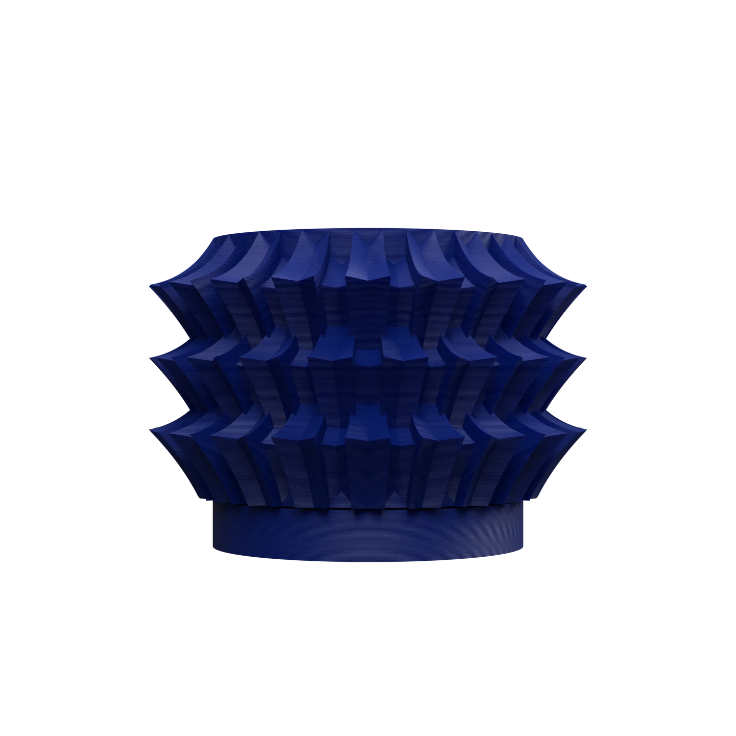 Pot décoratif bleu marine en plastique moderne, forme cylindrique avec reliefs géométriques sculptés en couches superposées.