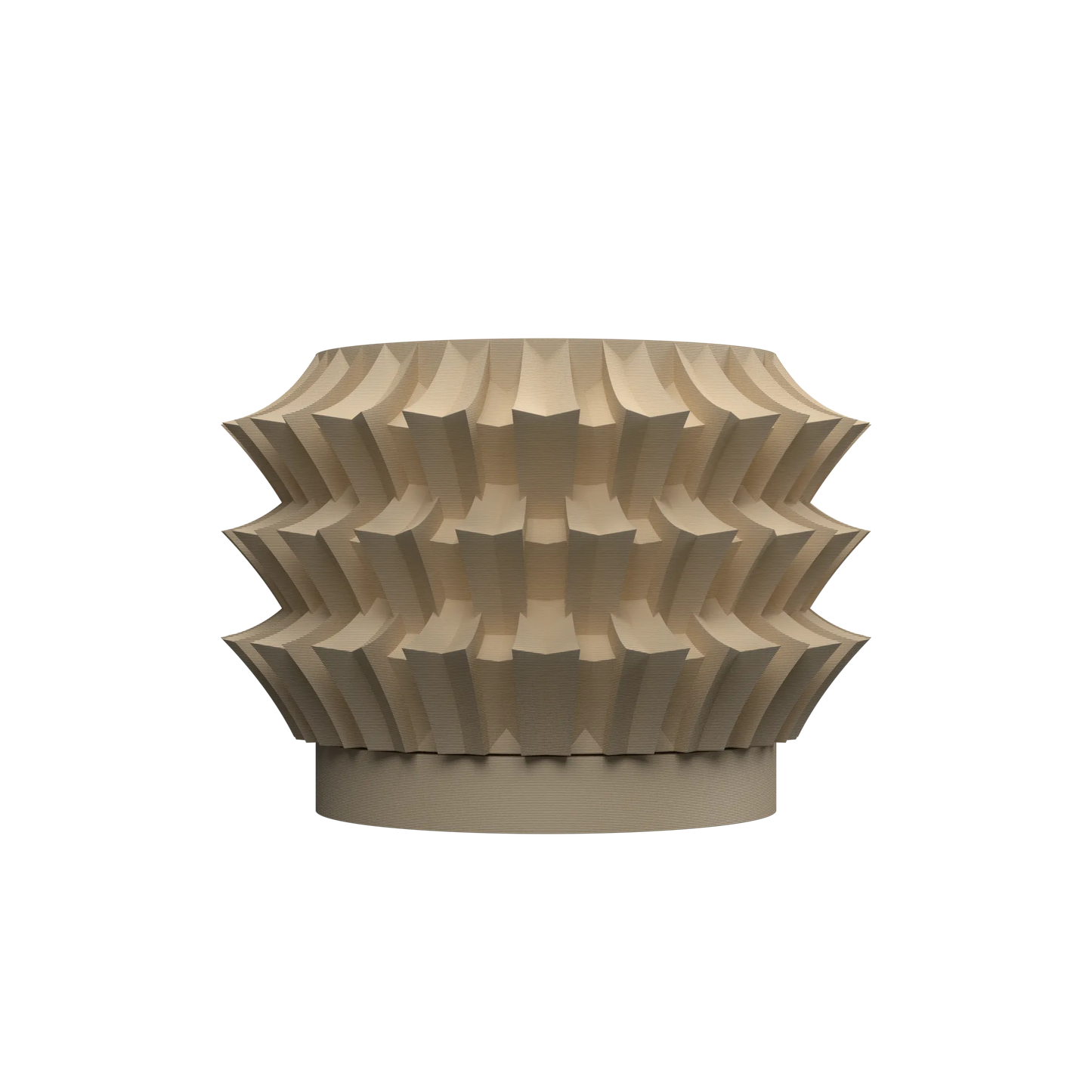 Pot décoratif moderne en bois clair, forme ronde avec motifs géométriques en relief et base plate.