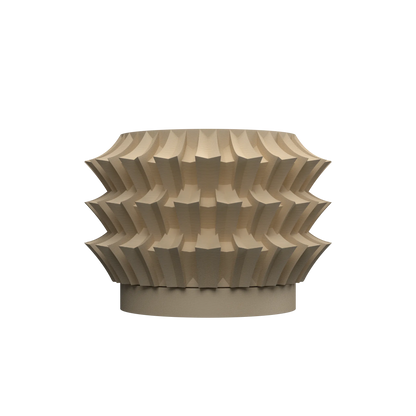 Pot décoratif moderne en bois clair, forme ronde avec motifs géométriques en relief et base plate.