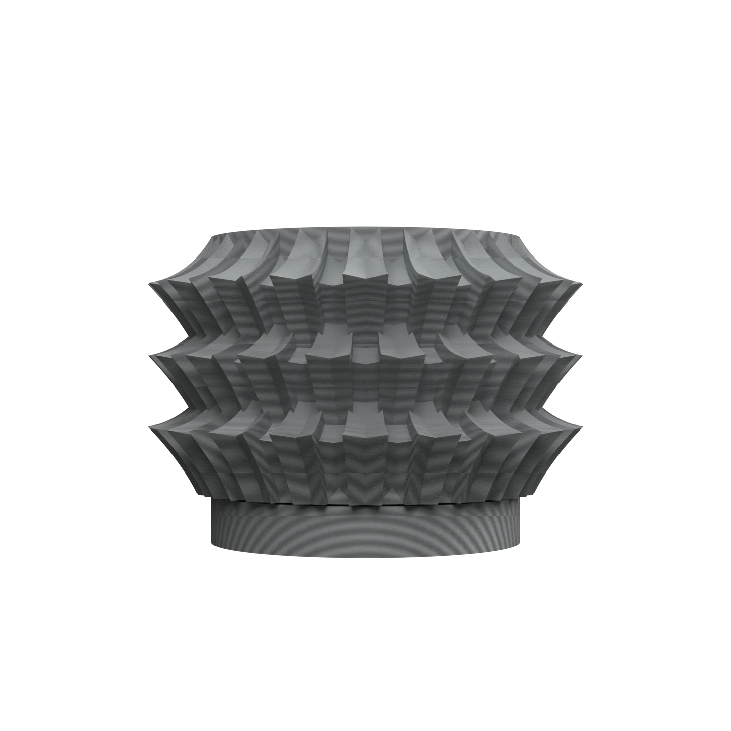 Pot décoratif gris foncé en métal avec surface texturée ondulée et base cylindrique stable.