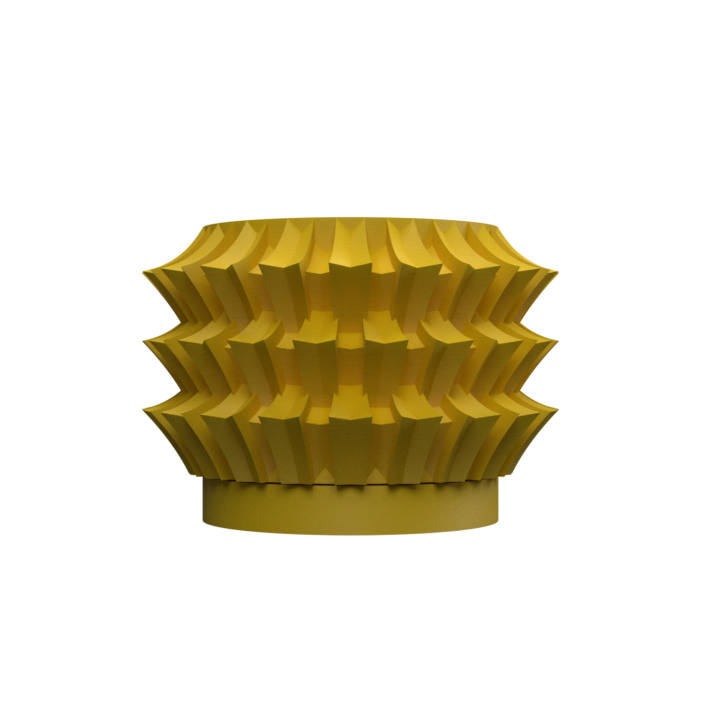 Pot décoratif jaune moutarde en forme cylindrique à surface texturée avec motifs géométriques en relief, style moderne.