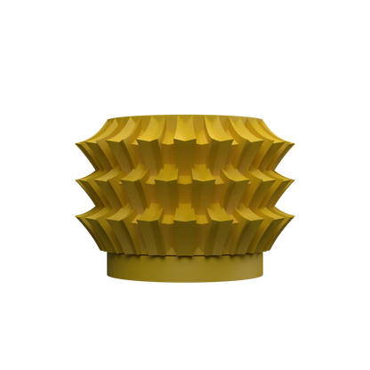 Pot décoratif jaune moutarde en forme cylindrique à surface texturée avec motifs géométriques en relief, style moderne.